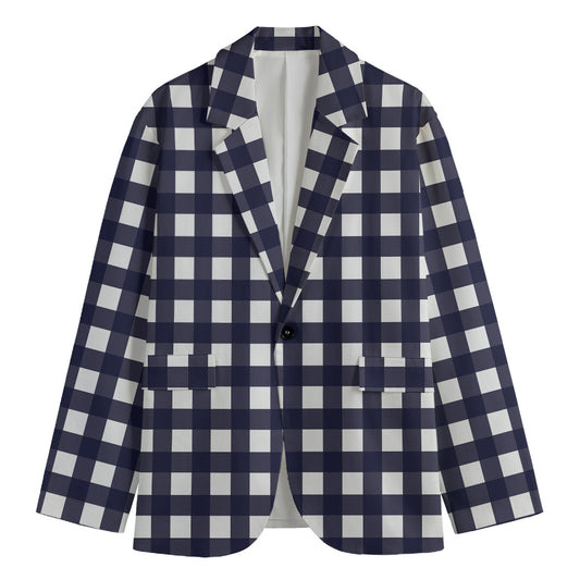 Navy And White Check Pattern Print Men's Cotton Blazer