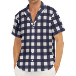 Navy And White Check Pattern Print Men's Deep V-Neck Shirt