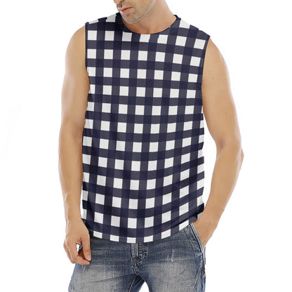 Navy And White Check Pattern Print Men's Fitness Tank Top