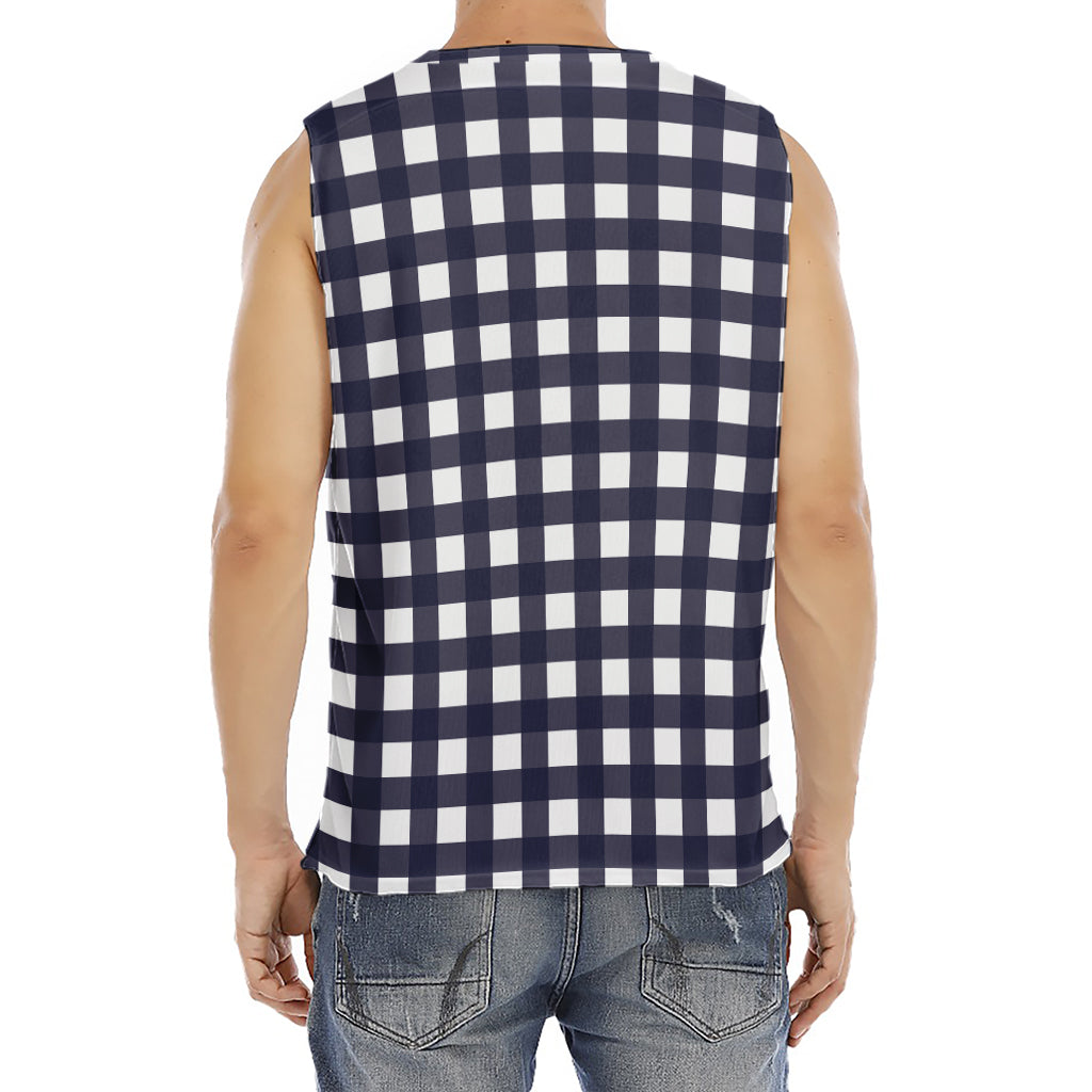 Navy And White Check Pattern Print Men's Fitness Tank Top
