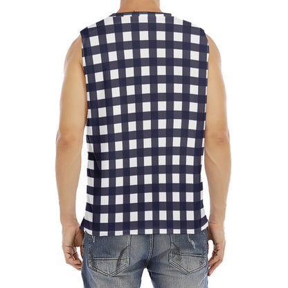 Navy And White Check Pattern Print Men's Fitness Tank Top