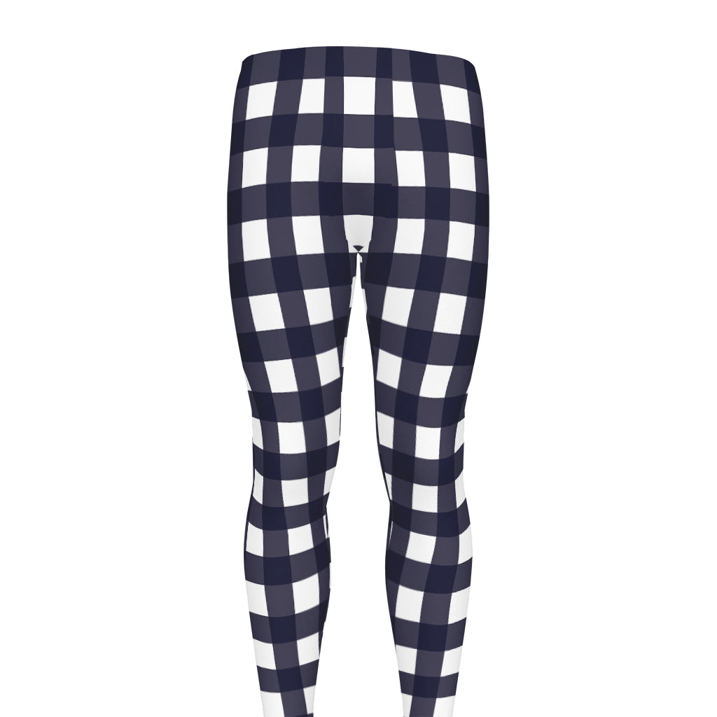 Navy And White Check Pattern Print Men's leggings