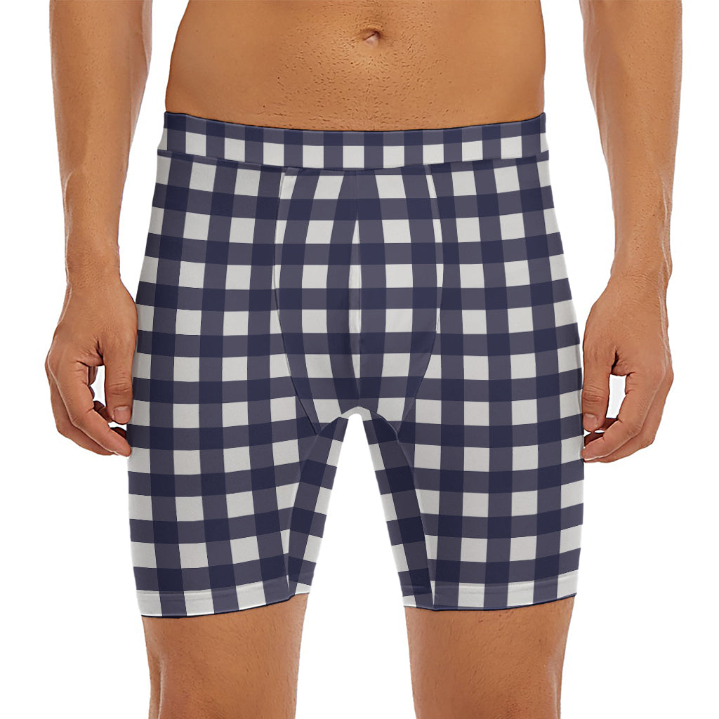 Navy And White Check Pattern Print Men's Long Boxer Briefs