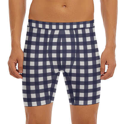 Navy And White Check Pattern Print Men's Long Boxer Briefs