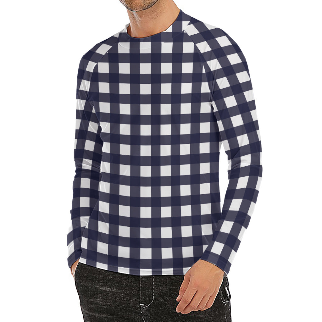 Navy And White Check Pattern Print Men's Long Sleeve Rash Guard