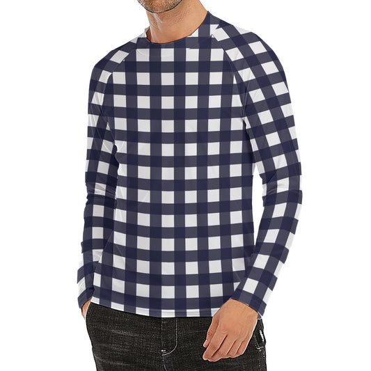 Navy And White Check Pattern Print Men's Long Sleeve Rash Guard