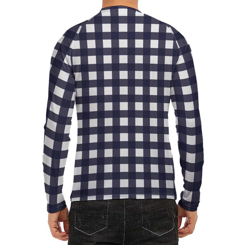 Navy And White Check Pattern Print Men's Long Sleeve Rash Guard