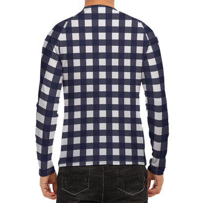 Navy And White Check Pattern Print Men's Long Sleeve Rash Guard