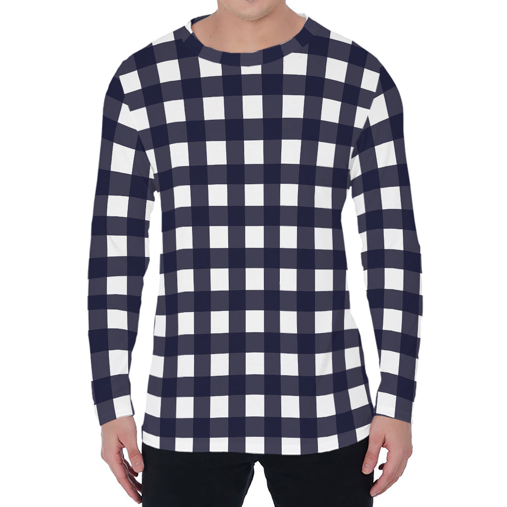 Navy And White Check Pattern Print Men's Long Sleeve T-Shirt