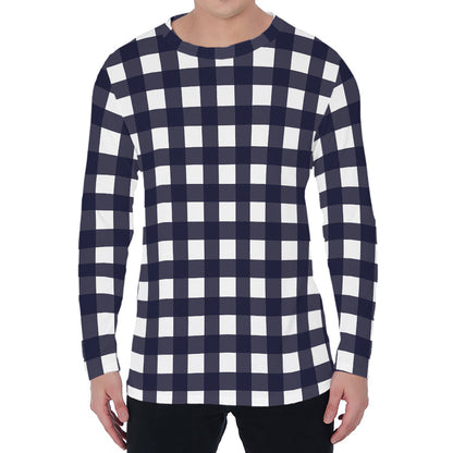 Navy And White Check Pattern Print Men's Long Sleeve T-Shirt