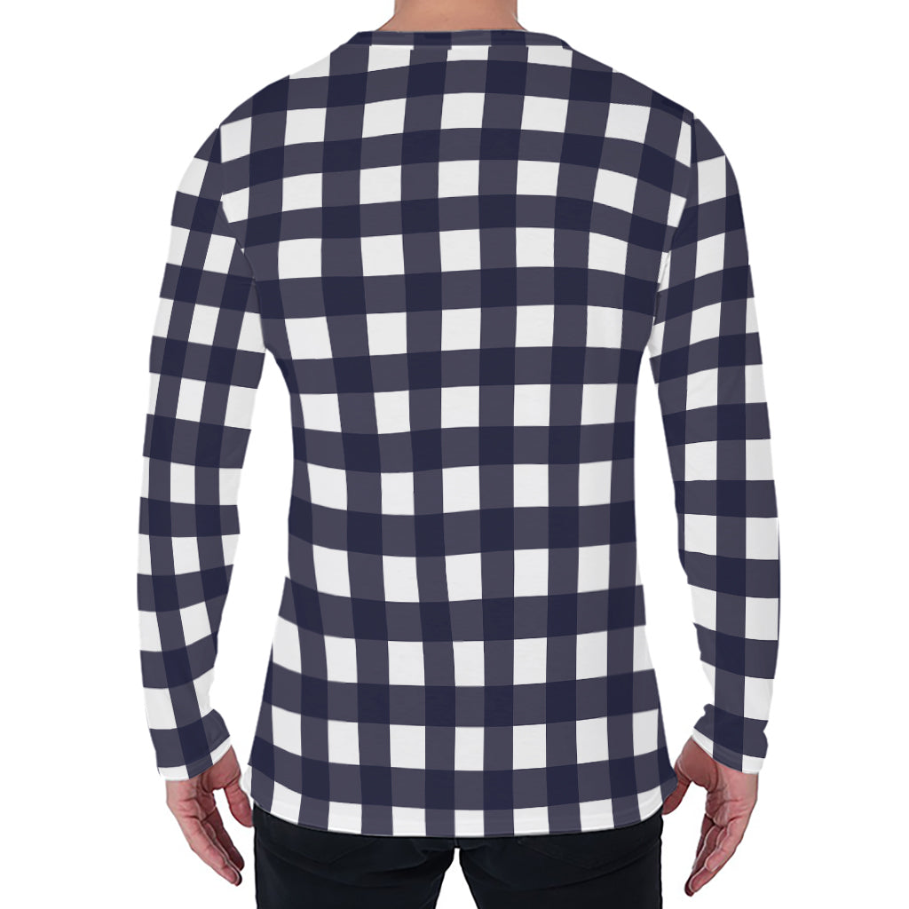 Navy And White Check Pattern Print Men's Long Sleeve T-Shirt