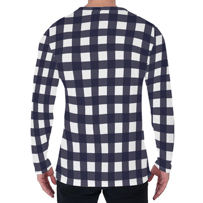 Navy And White Check Pattern Print Men's Long Sleeve T-Shirt