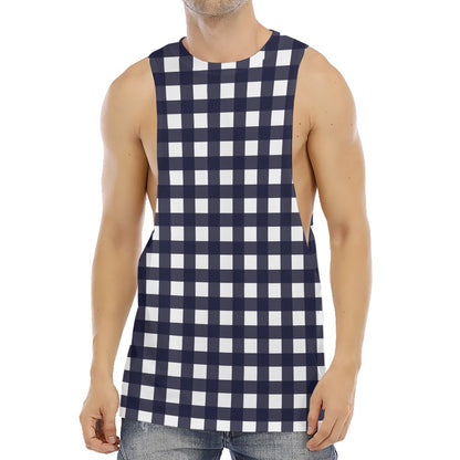 Navy And White Check Pattern Print Men's Muscle Tank Top