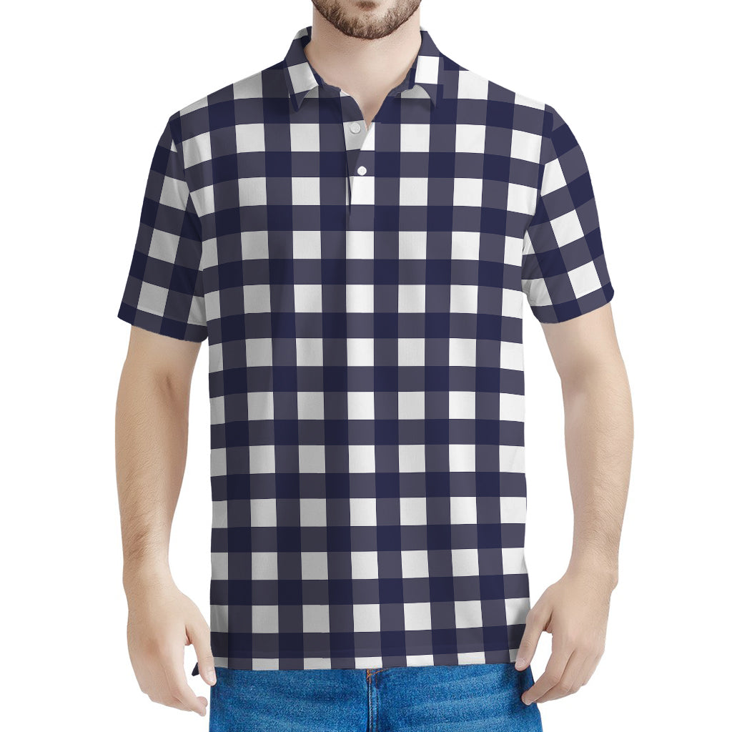 Navy And White Check Pattern Print Men's Polo Shirt