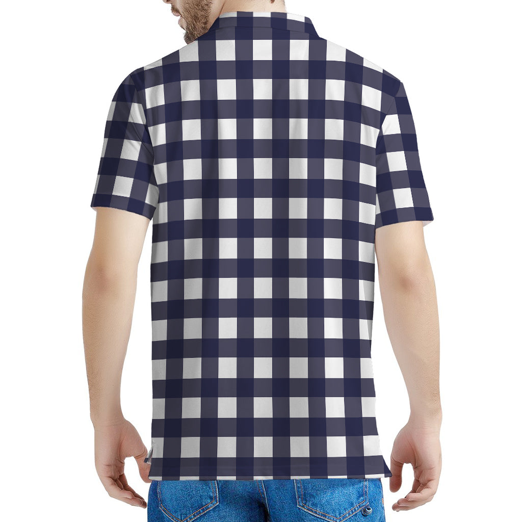 Navy And White Check Pattern Print Men's Polo Shirt