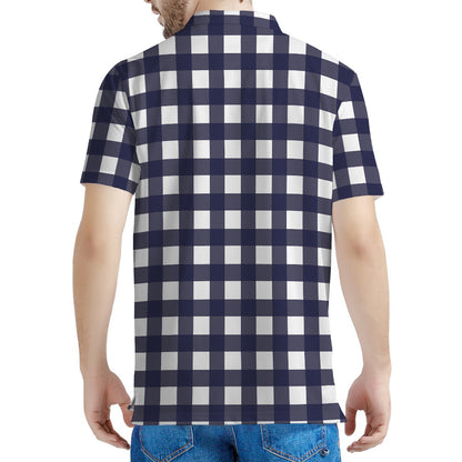 Navy And White Check Pattern Print Men's Polo Shirt