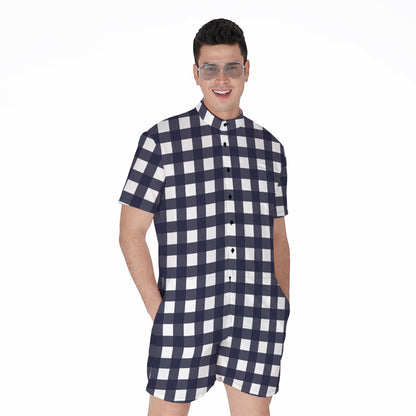 Navy And White Check Pattern Print Men's Rompers