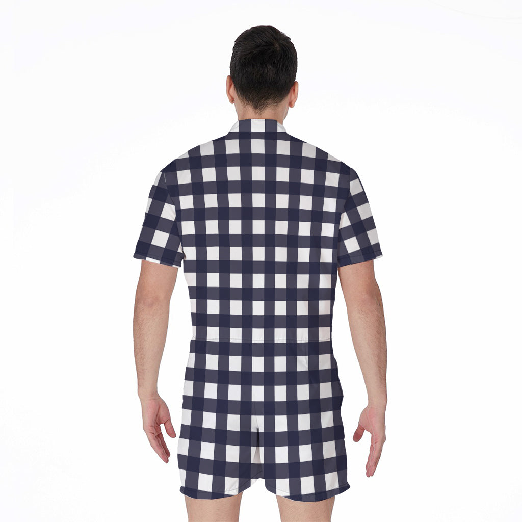 Navy And White Check Pattern Print Men's Rompers
