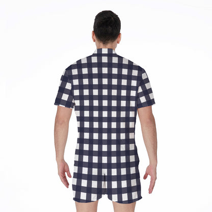 Navy And White Check Pattern Print Men's Rompers