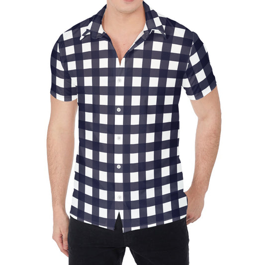 Navy And White Check Pattern Print Men's Shirt