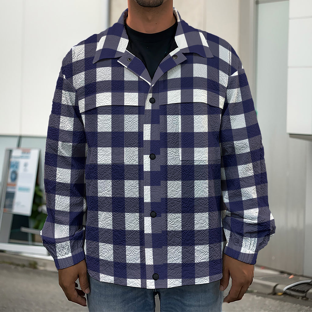 Navy And White Check Pattern Print Men's Shirt Jacket