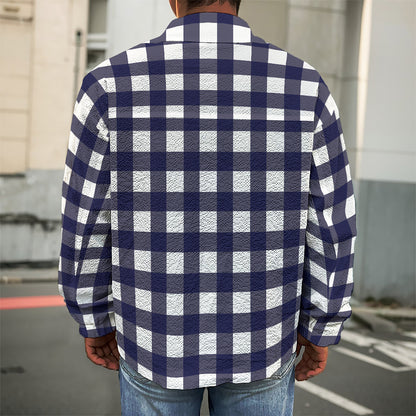 Navy And White Check Pattern Print Men's Shirt Jacket