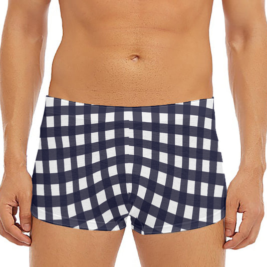 Navy And White Check Pattern Print Men's Short Boxer Briefs