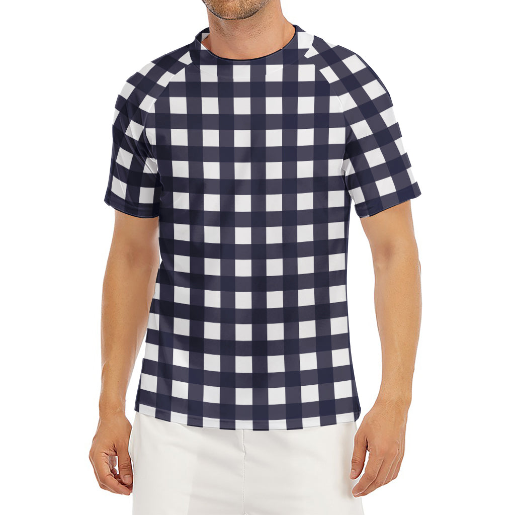 Navy And White Check Pattern Print Men's Short Sleeve Rash Guard