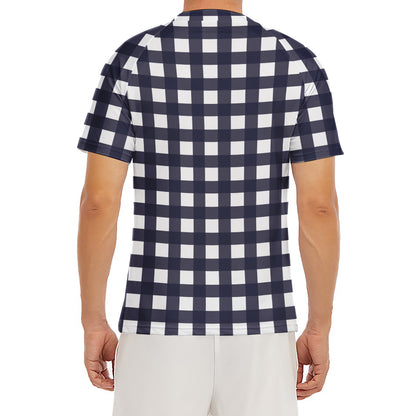 Navy And White Check Pattern Print Men's Short Sleeve Rash Guard