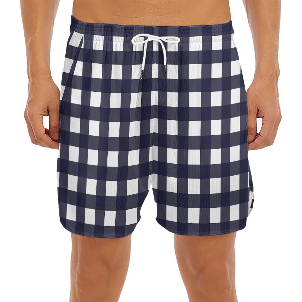 Navy And White Check Pattern Print Men's Split Running Shorts