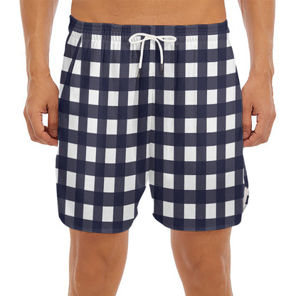 Navy And White Check Pattern Print Men's Split Running Shorts