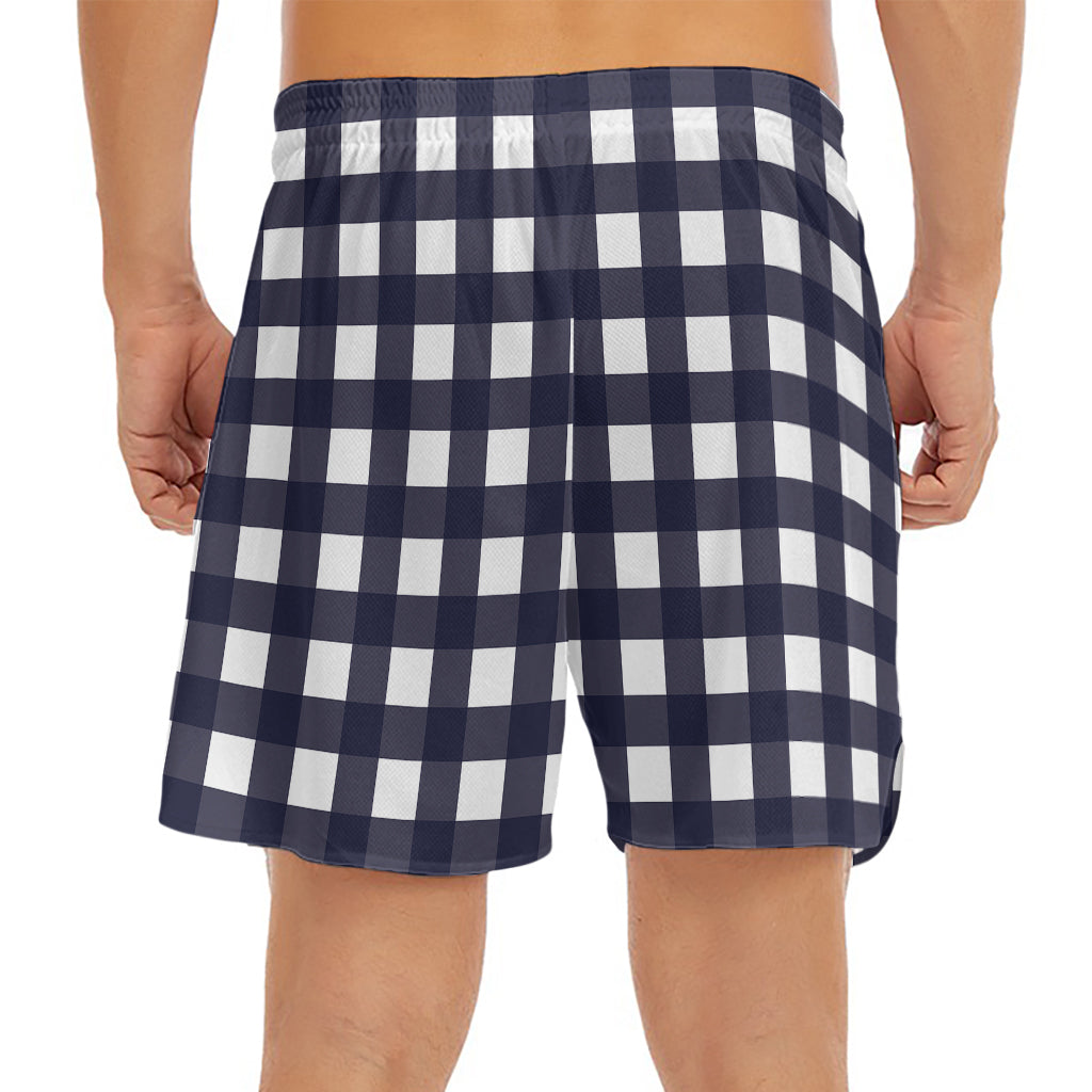 Navy And White Check Pattern Print Men's Split Running Shorts