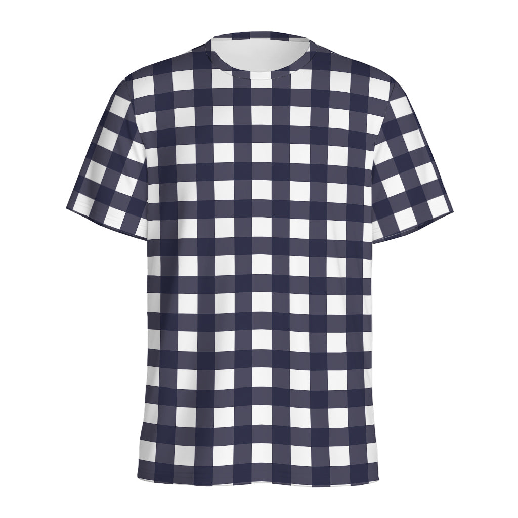 Navy And White Check Pattern Print Men's Sports T-Shirt