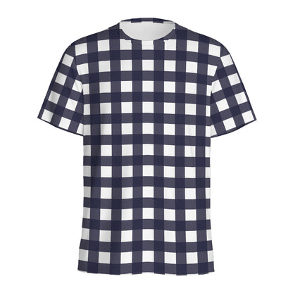 Navy And White Check Pattern Print Men's Sports T-Shirt