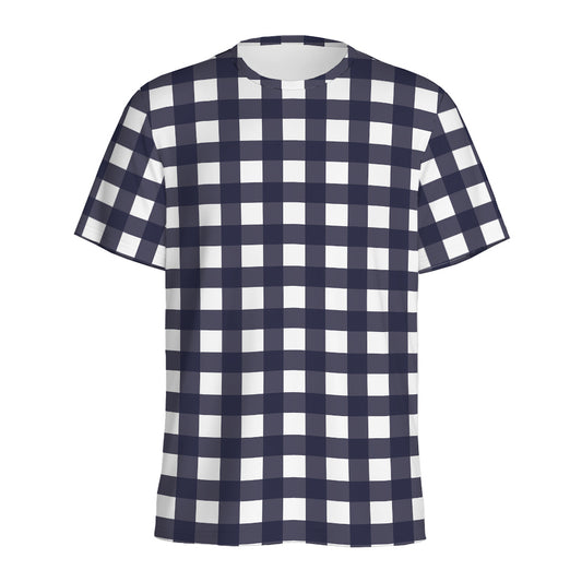 Navy And White Check Pattern Print Men's Sports T-Shirt