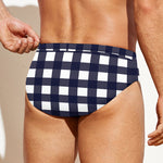Navy And White Check Pattern Print Men's Swim Briefs