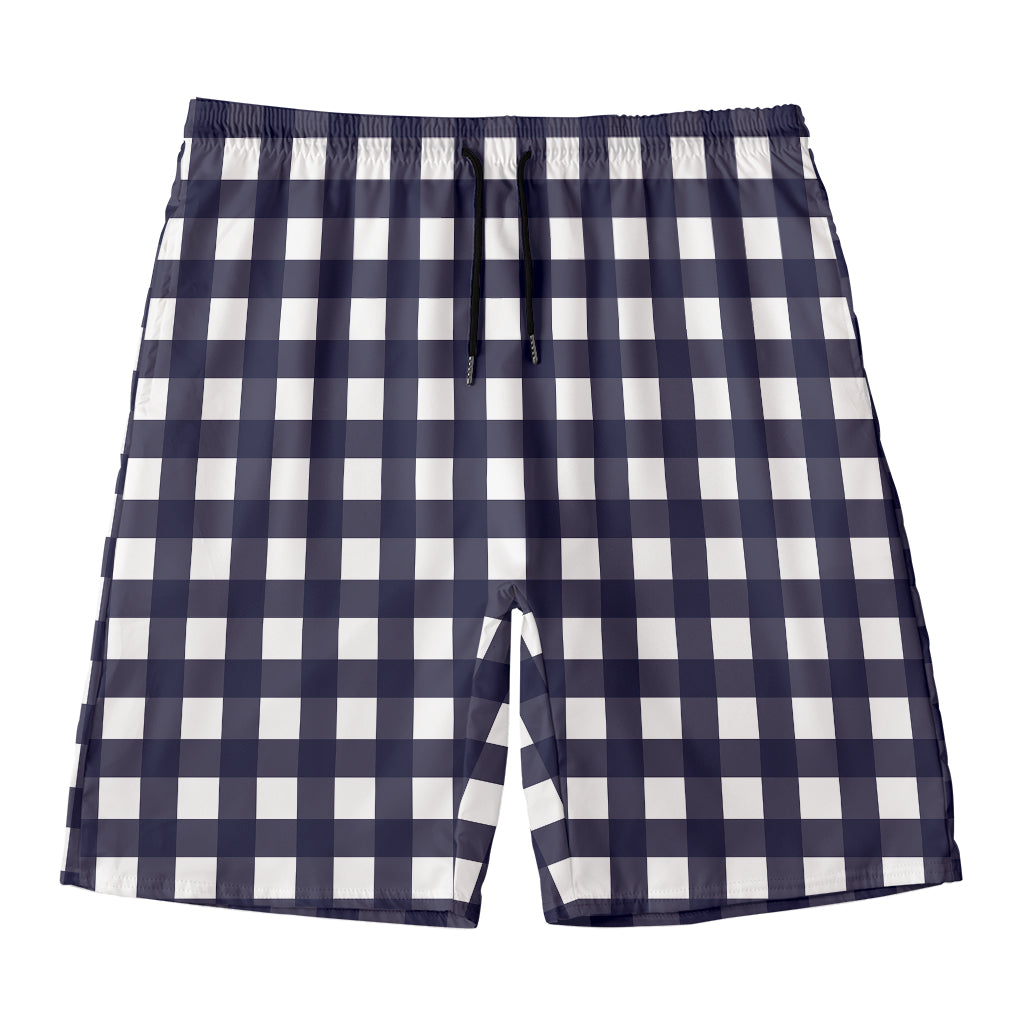 Navy And White Check Pattern Print Men's Swim Trunks