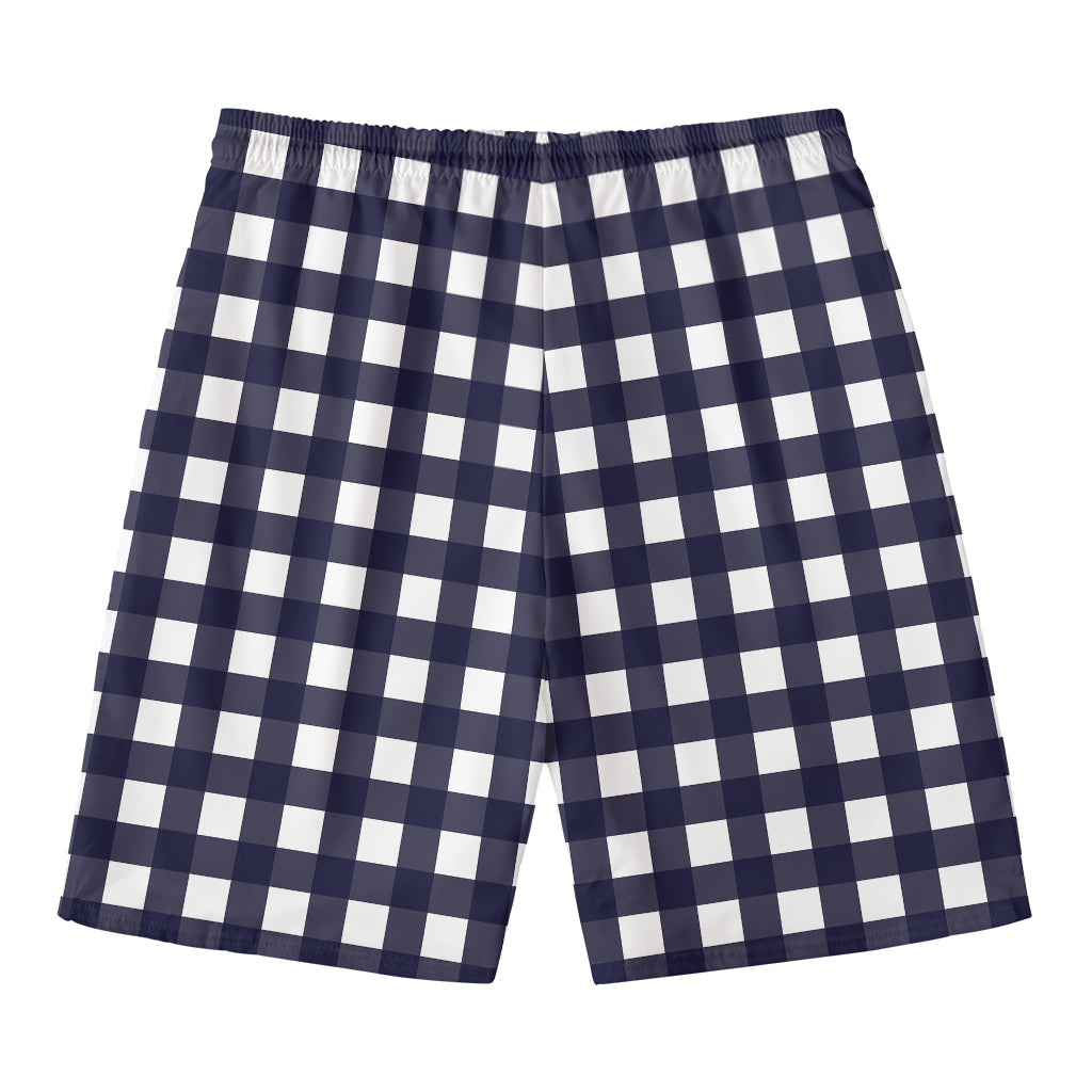 Navy And White Check Pattern Print Men's Swim Trunks