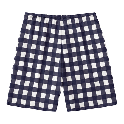 Navy And White Check Pattern Print Men's Swim Trunks