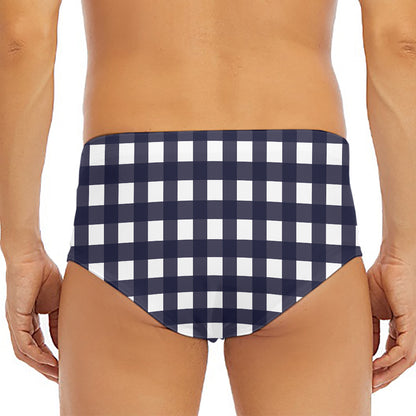 Navy And White Check Pattern Print Men's Triangle Swim Briefs