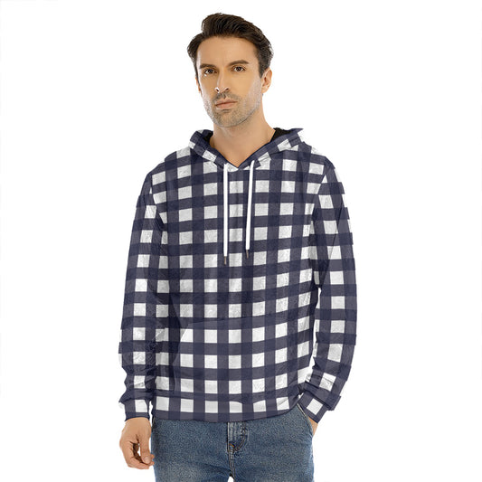 Navy And White Check Pattern Print Men's Velvet Pullover Hoodie