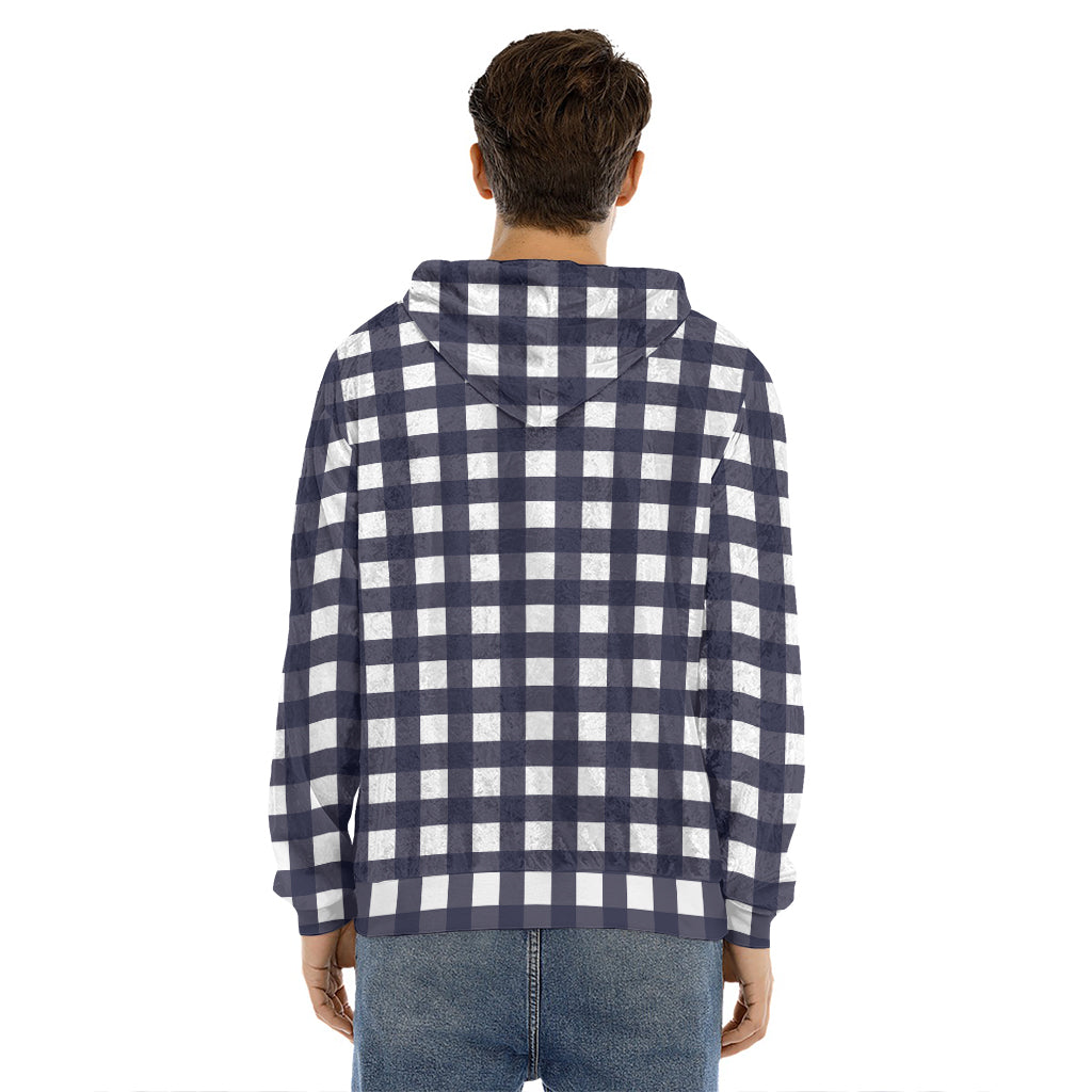 Navy And White Check Pattern Print Men's Velvet Pullover Hoodie