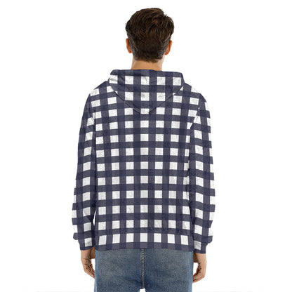 Navy And White Check Pattern Print Men's Velvet Pullover Hoodie