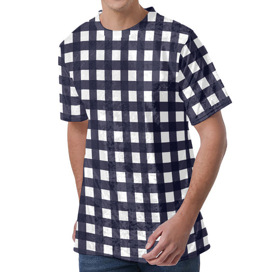 Navy And White Check Pattern Print Men's Velvet T-Shirt