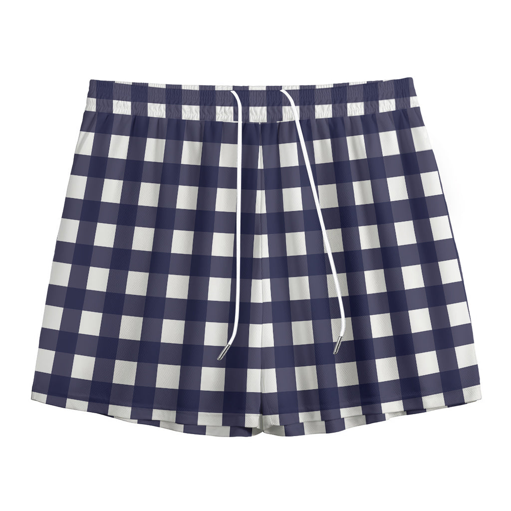 Navy And White Check Pattern Print Mesh Shorts