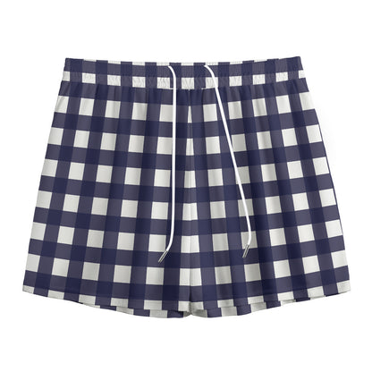 Navy And White Check Pattern Print Mesh Shorts