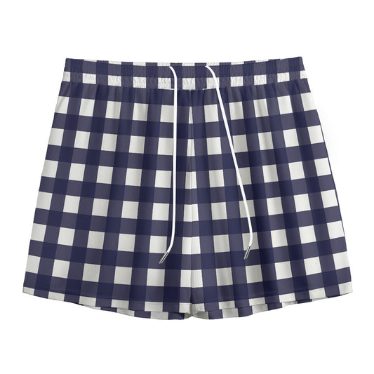 Navy And White Check Pattern Print Mesh Shorts