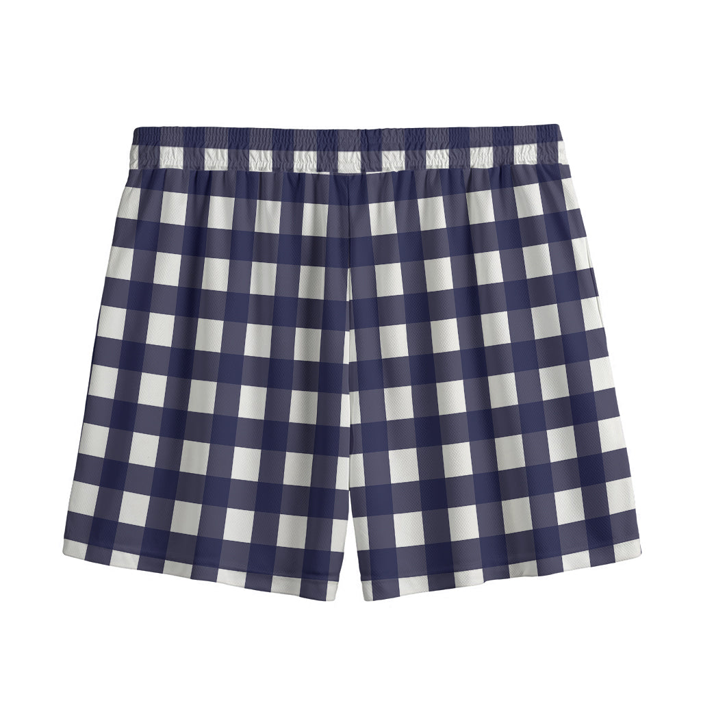 Navy And White Check Pattern Print Mesh Shorts