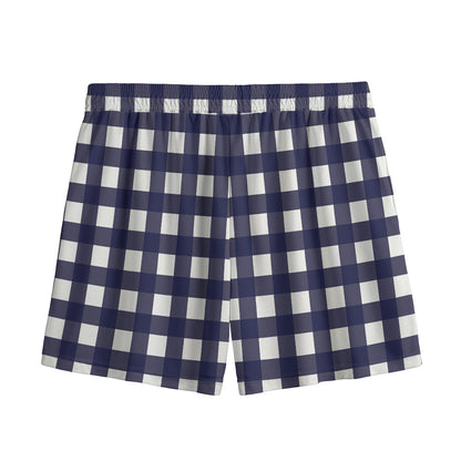 Navy And White Check Pattern Print Mesh Shorts