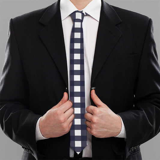 Navy And White Check Pattern Print Necktie